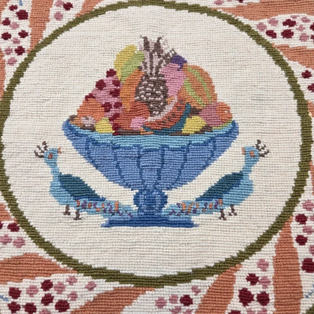 Vintage Handmade Greek Embroidered Peacock / Fruit Round Pillow Cover 19